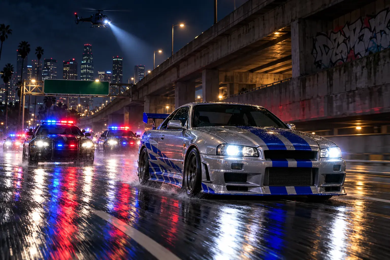 Original illustration of a silver coupe at night, not a game screenshot