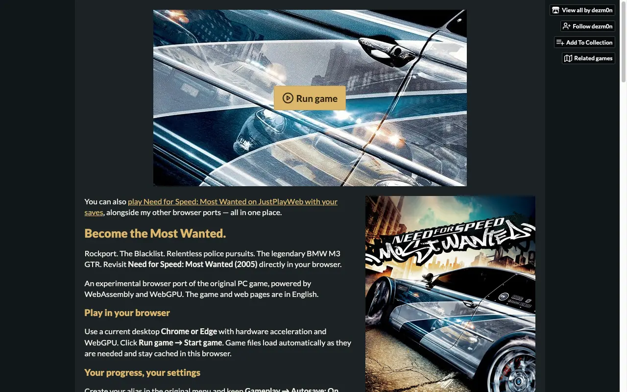 dezm0n itch page with a Run game button over a Most Wanted cover
