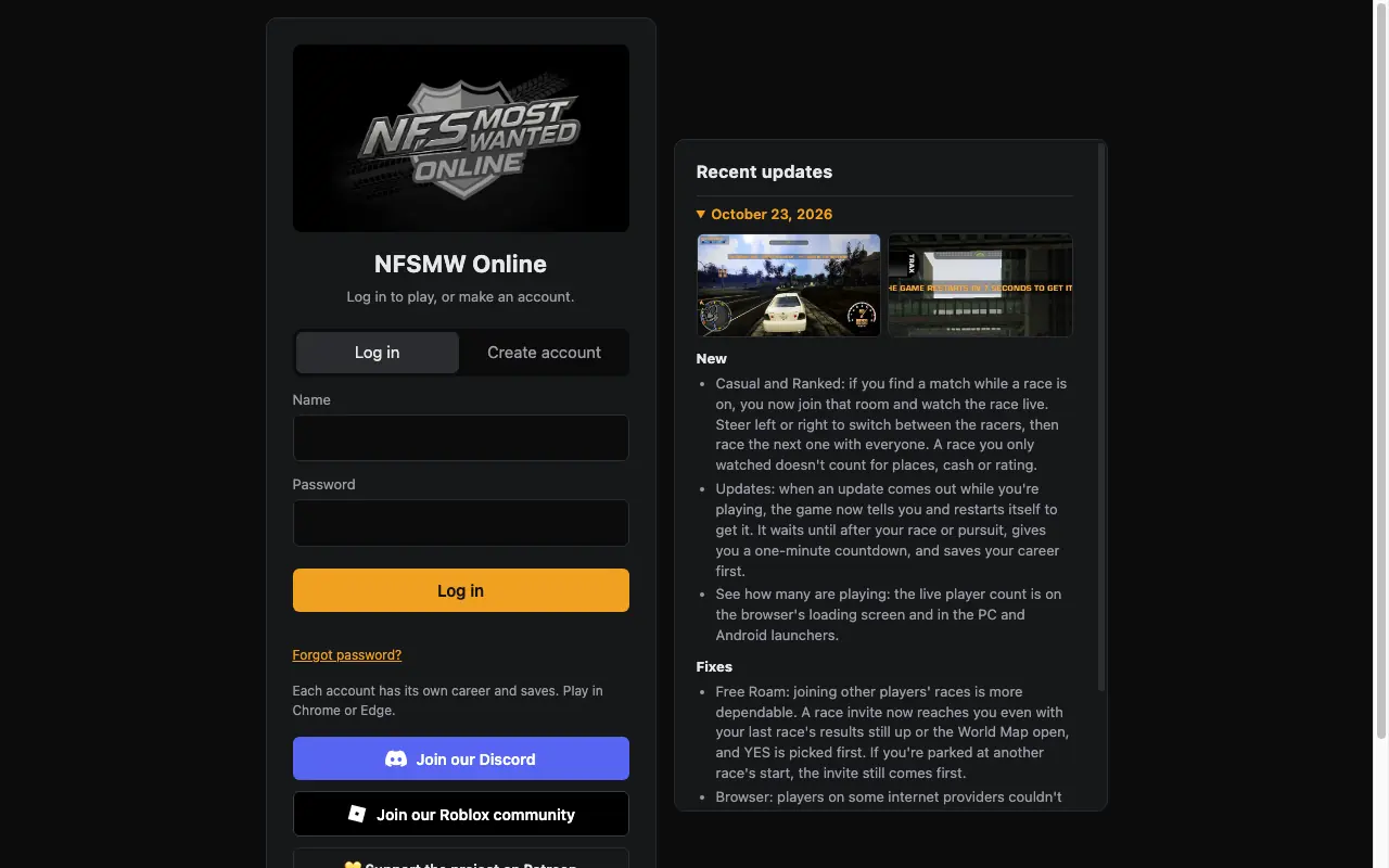NFSMW Online login page with an October 23 2026 update log